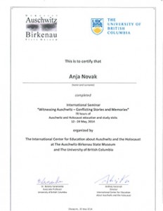 news_Anja Auschwitz certificate_09-08-2014